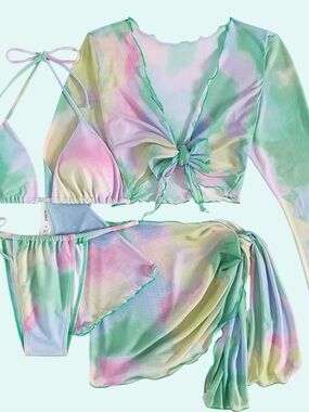 Pastel Tie-Dye Mesh Bikini Set with Cover-Up 4pc